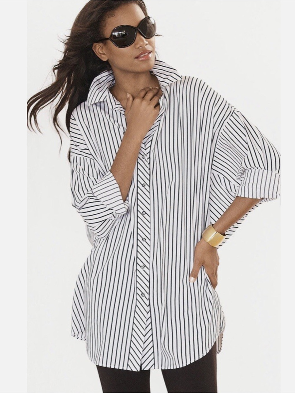 GO SILK 100% Cotton oversized Striped Button-Up wing style long sleeve Shirt LP